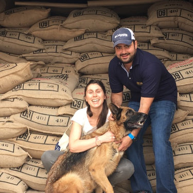 JASAL coffee producers with coffee sacks at Beneficio Las Cruces, El Salvador